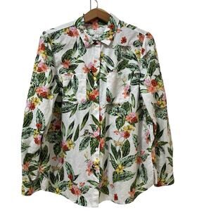 Charter Club Womens Linen Blend Button Up Top Size L Multicolor Beachy Tropical